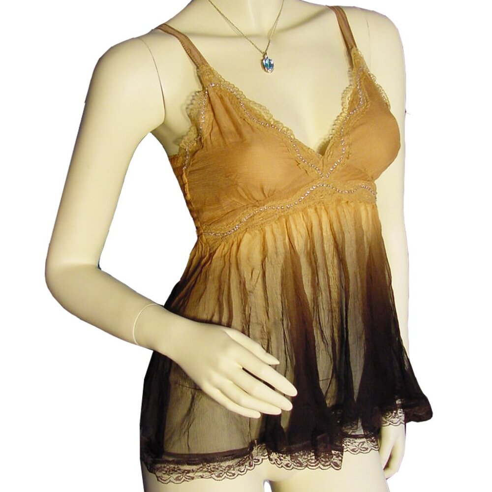 New Y2K Womens Spaghetti V-Neck Silk Sheer Top Blouse S Lace Fairy Beige Brown